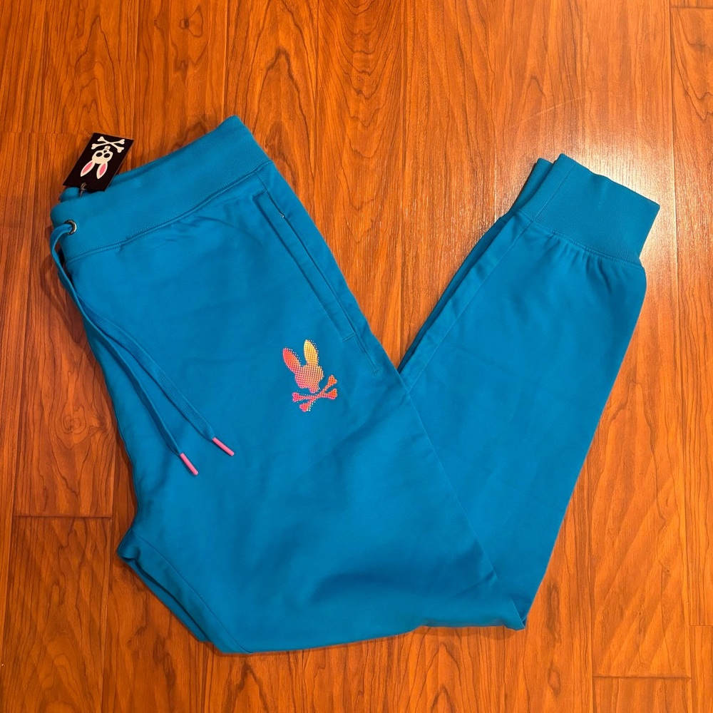 Psycho Bunny Teal Blue Jogger Sweatpants with Multicolor Bunny Logo
